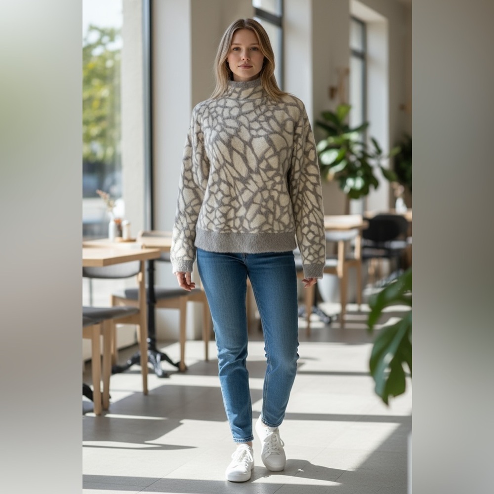 Halogen Fuzzy Abstract Stone‎ Mock Neck Sweater Medium Cozy Gray Beige Fall
